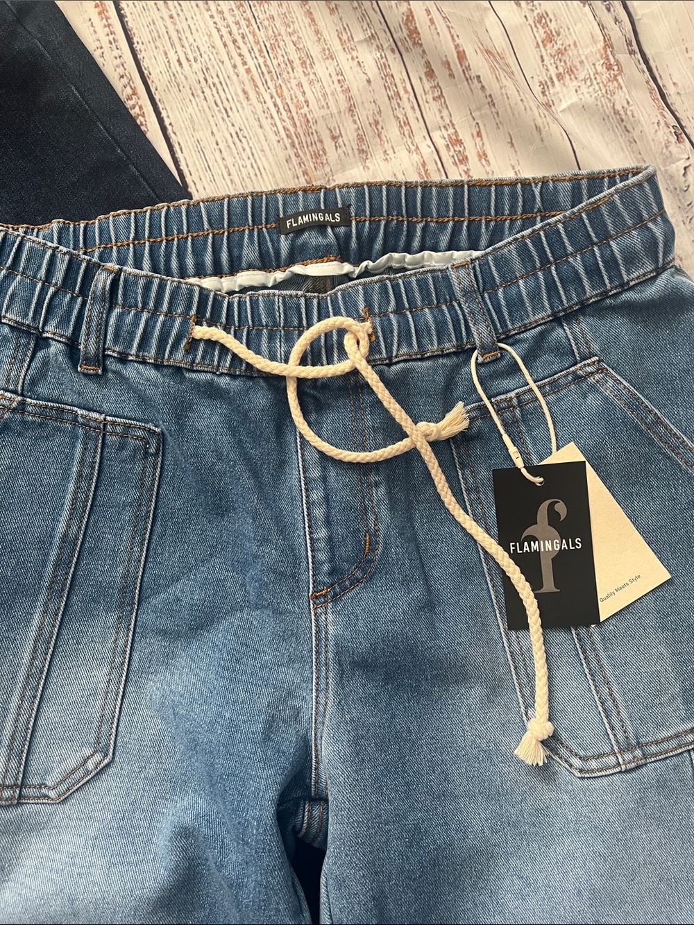 Flamingals High Waist , Wide Leg Drawstring Cropped Blue Denim Jeans XL - Picture 8 of 9